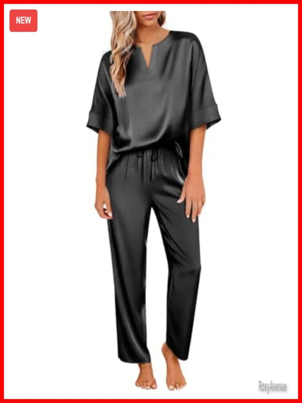 Women's Satin Pajama Set Short Sleeve V Neck Shirt with Long Pant Soft